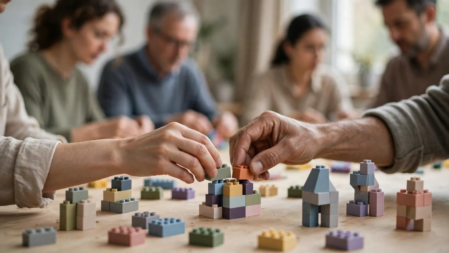 Mâini de adult construind modele mici din cărămizi colorate de plastic pe o masă de lemn, cu alte modele deja terminate alături.