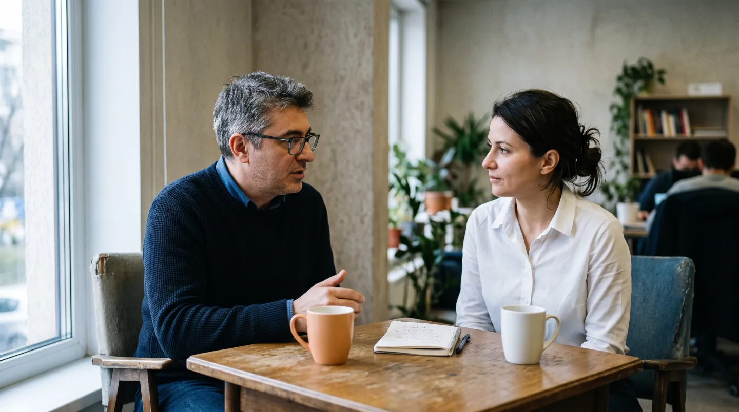 Two people sitting across a small table with coffee cups and a notebook between them, in a conversation before a project starts.