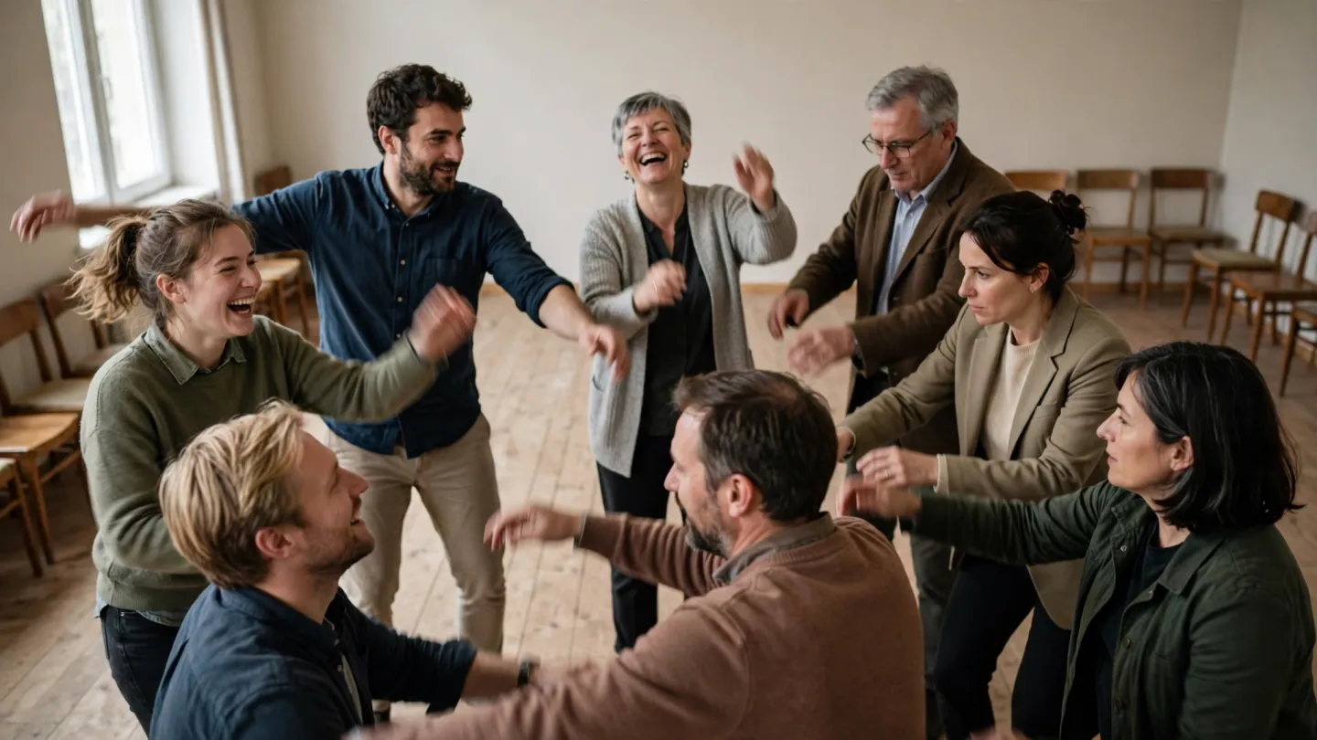Opt adulți stau în cerc într-o sală luminoasă, în mijlocul unui exercițiu de improvizație, doi dintre ei râzând.