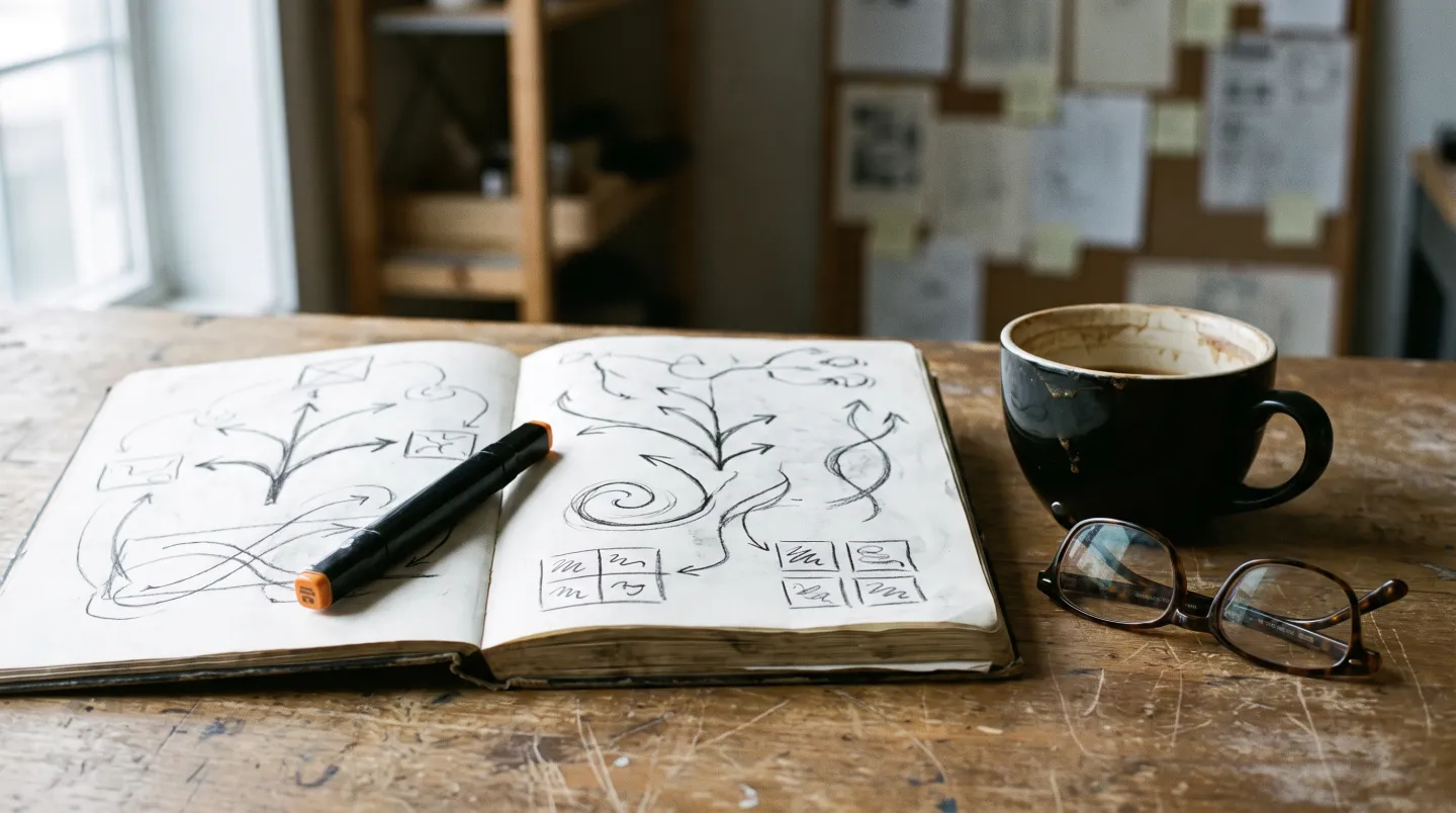 Un caiet deschis pe o masă de lemn, plin de notițe și schițe de mână, cu un marker și o cană de cafea alături, într-o lumină blândă de fereastră.
