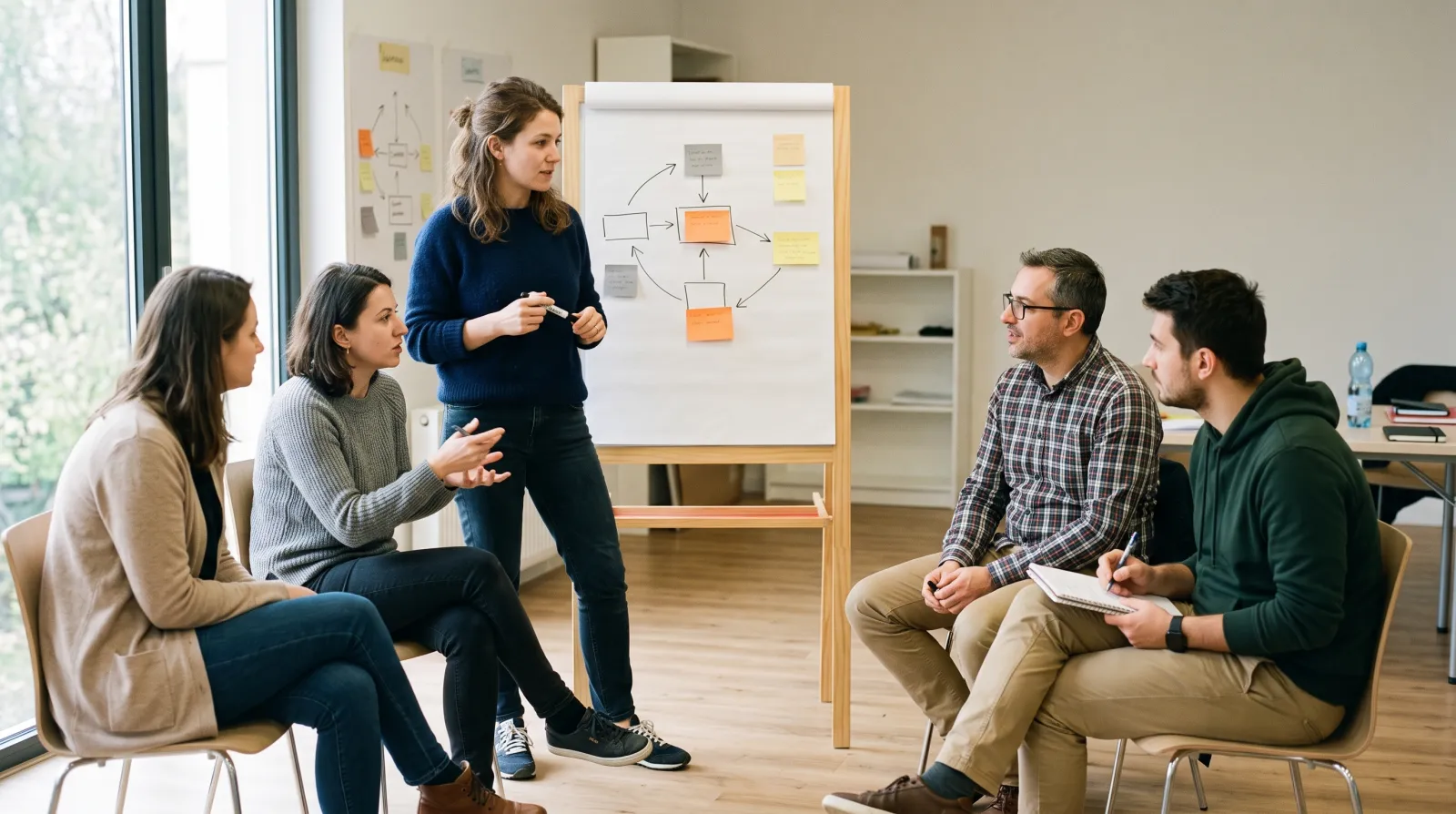 Trainees practicing facilitation with each other: one person guides the exercise at a flip chart, the others take part, and one takes feedback notes.