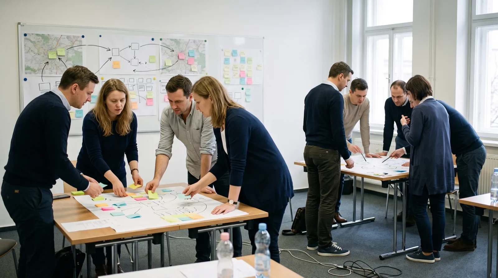 Two small groups each working on their own visual map of sticky notes and arrows, with the two maps brought side by side on the same wall.