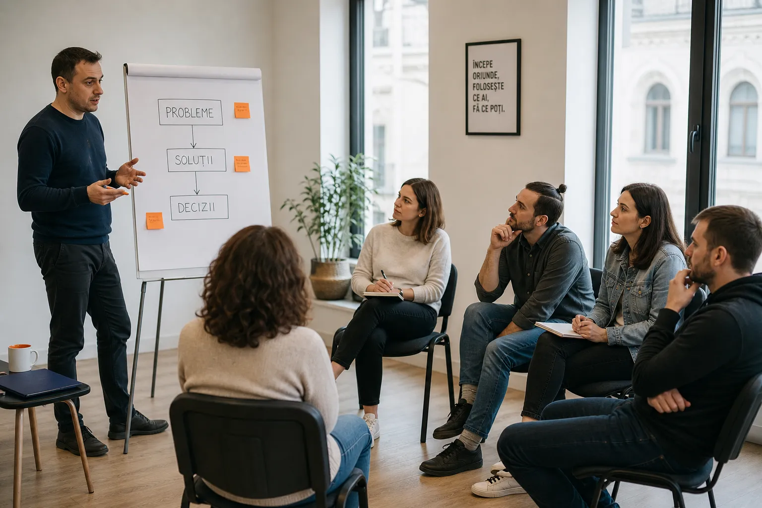 A facilitator explaining at a flip chart in front of a group seated in a semicircle with no table between them; the flip chart shows a diagram running from problems to decisions.