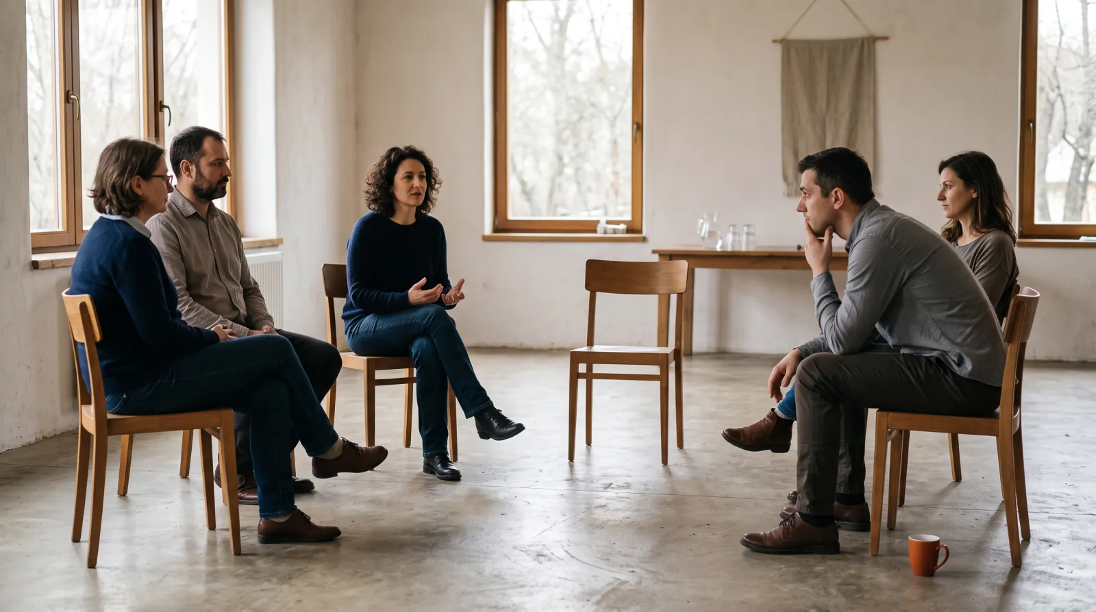 A wide circle of chairs with no table in the middle; a few people in calm conversation, one leaning slightly forward, listening.