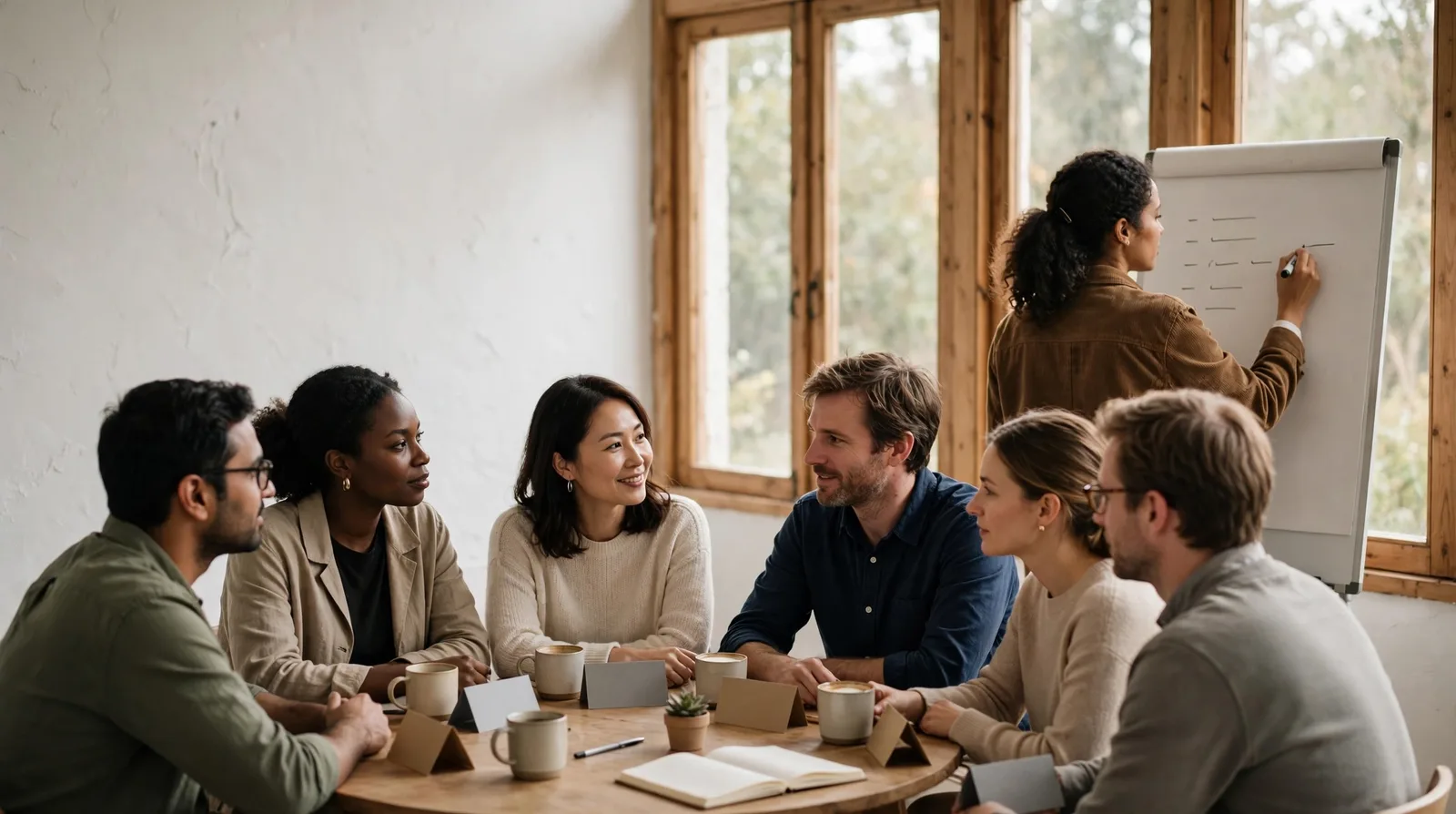 Six colleagues at a round table with coffee mugs and folded name cards; a woman writes a short list on a flipchart.