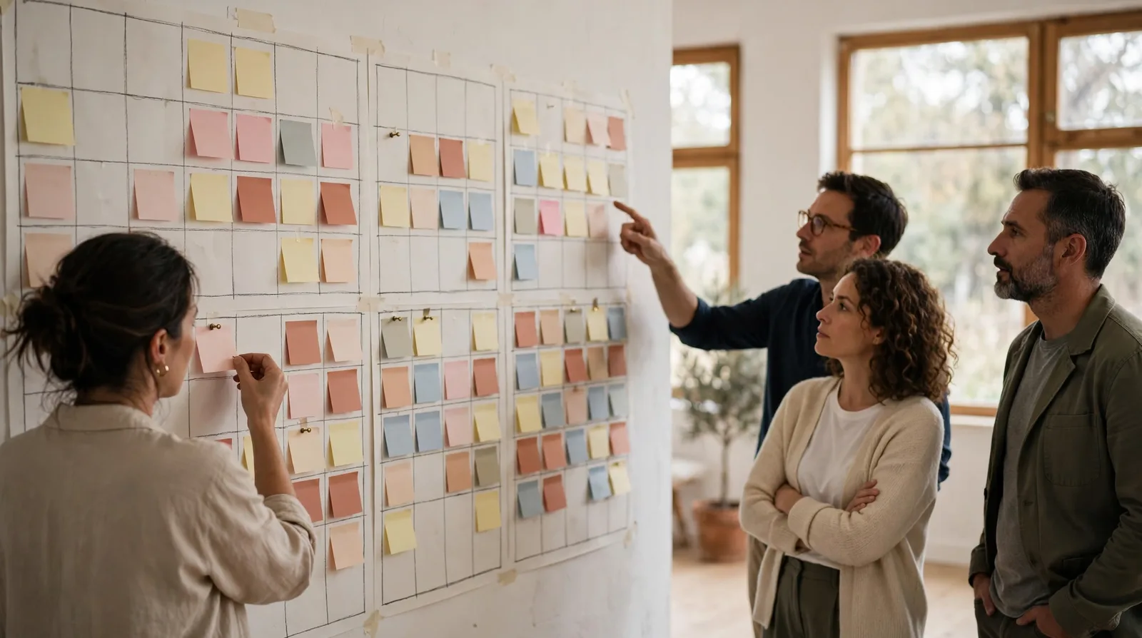 A wall covered with a paper grid of session slots and sticky notes; a woman pins a card, several adults read the wall and point.