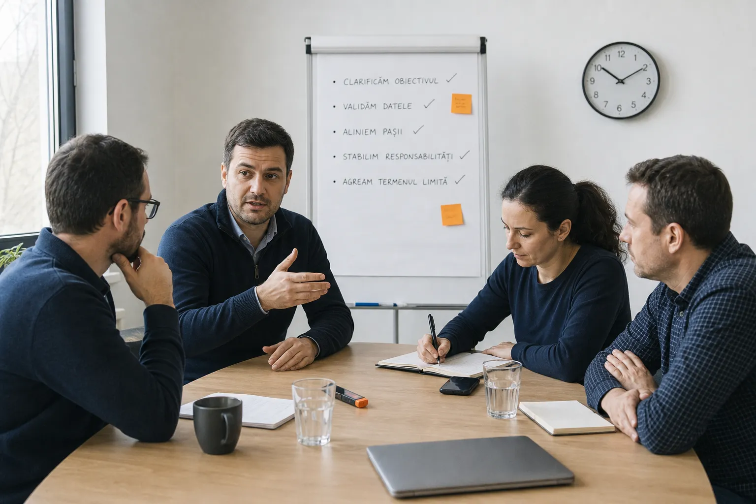 A working meeting with a wall clock in view and a short column of decisions on a flip chart; four participants in active discussion at the table.