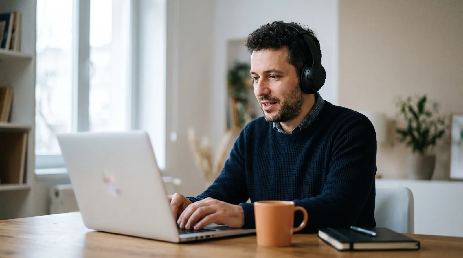 A person wearing headphones at a laptop in a quiet work corner, practicing a conversation; the screen is out of focus.